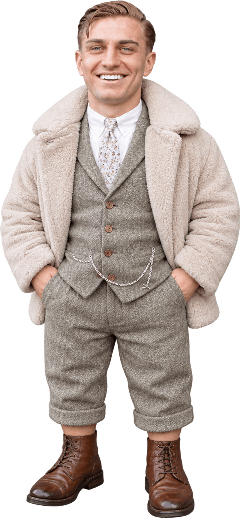 The Short King: a smiling man in a cream teddy coat, tweed three-piece suit and brown leather boots